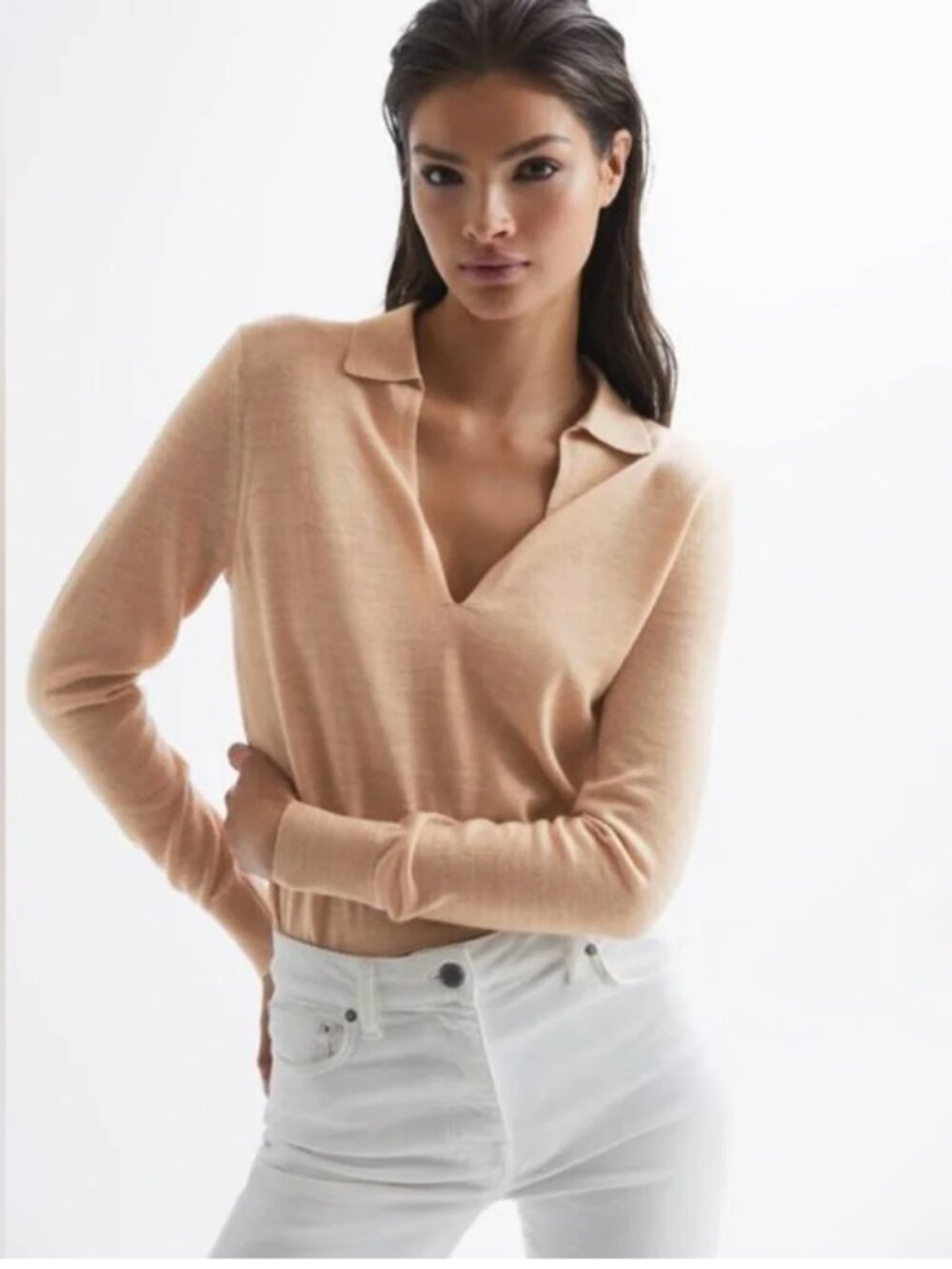 Reiss Women's Tan 100% Merino Wool Collared Sweater